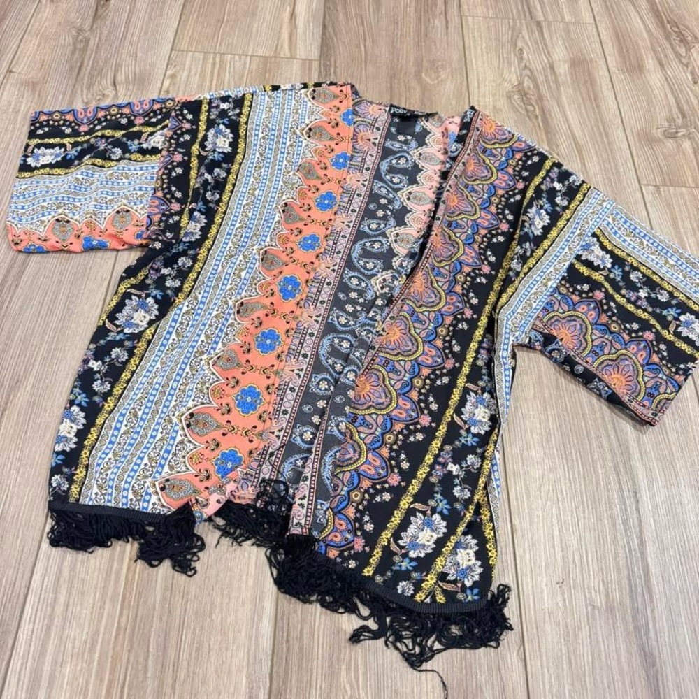Polly & Esther Bohemian Patterned Kimono with Fringe